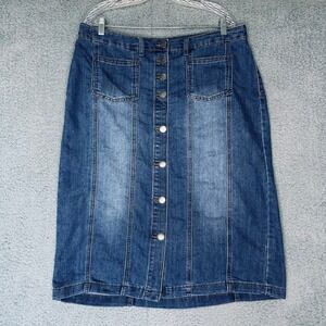 CJ Banks Womens Plus 14W Denim Midi Skirt Button Front Blue Stretch A-Line